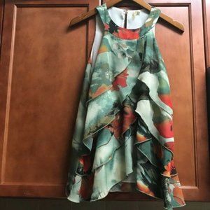 CHENAULT | Green & Burnt Orange Floral Ruffled Dressy Tank Top | Sz S
